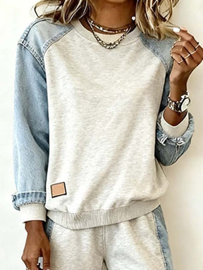 Winter Damen Denim Kontrast Anzug cosy warm Casual Outfit