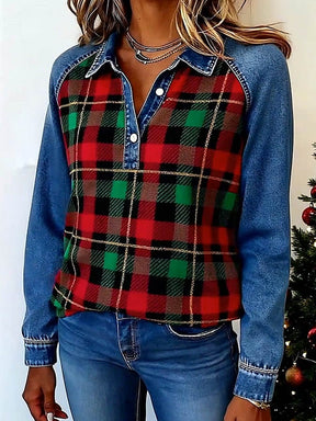 Weihnachtliches Karo Damen Shirt Winter Top im Denim-Look
