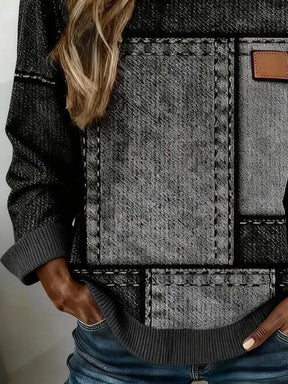 Kuscheliges Winter Sweatshirt Damen mit Denim-Patchwork Print