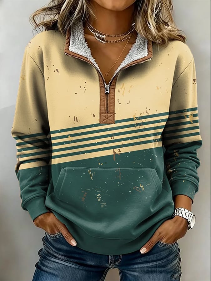 Winter Half-Zip Sweatshirt beige-grün mit Teddy Stehkragen