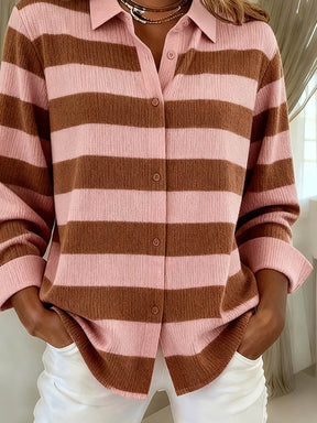 Winter Damen Streifenhemd rosa braun – warm & stylisch
