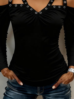 Schwarzes Winter V-Neck Damen Top mit Metall-Details, langärmelig