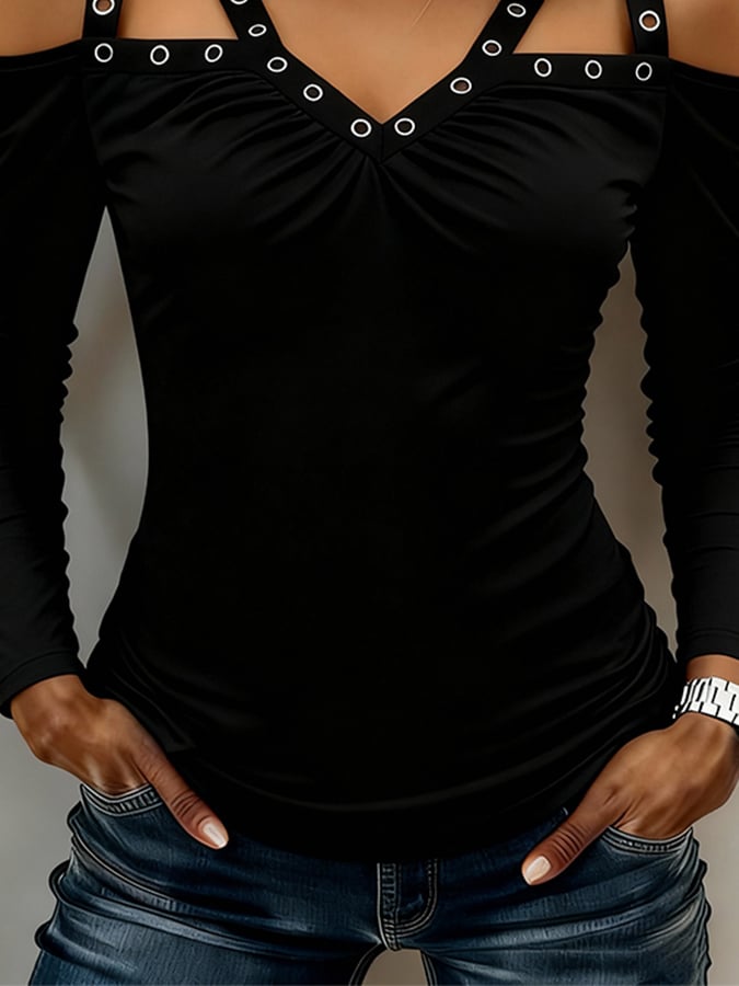 Schwarzes Winter V-Neck Damen Top mit Metall-Details, langärmelig