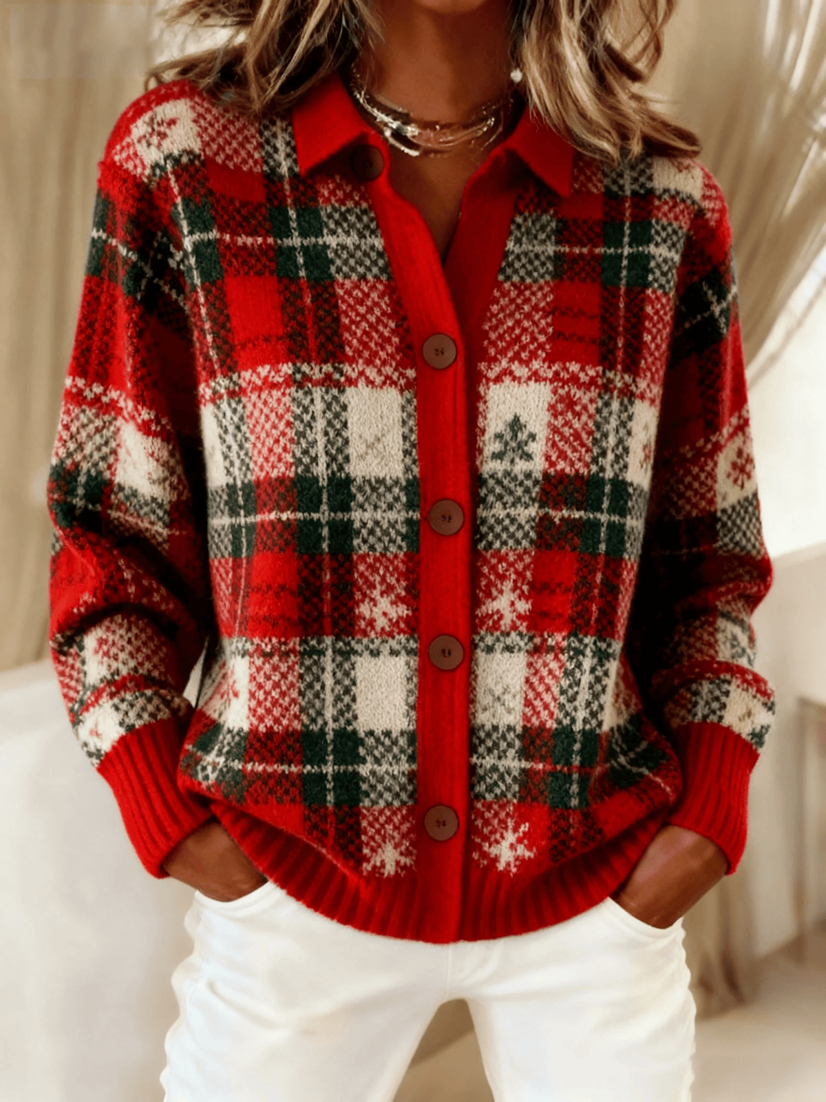 Damen Winter Karo Pullover mit Schneeflocken, warm & gemütlich