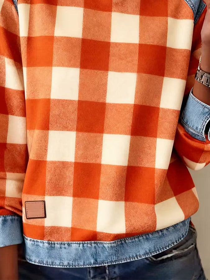 Karierter Winter Sweatshirt Pullover Orange mit Jeanskragen