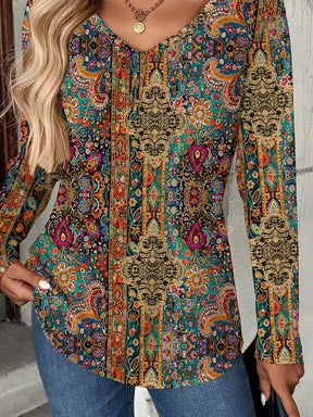 Boho Longsleeve Wintertop mit V-Ausschnitt, bunt und warm