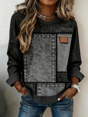 Kuscheliges Winter Sweatshirt Damen mit Denim-Patchwork Print