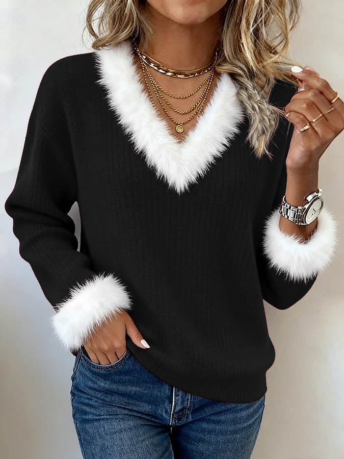 Winter Damen Christmas Top rot mit Kunstfell – warm & festlich