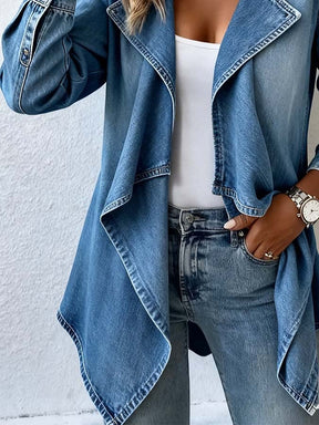 Warme Damen Denim Longjacke Winter Casual Mid-Blue