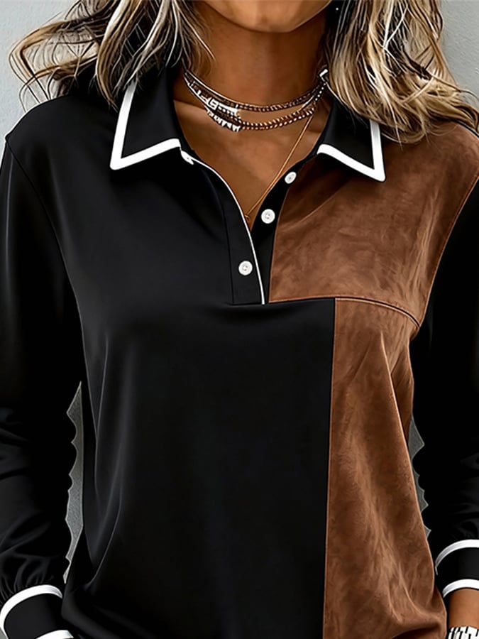 Winter Damen Colorblock Hemd Schwarz Karamell Langarm Casual