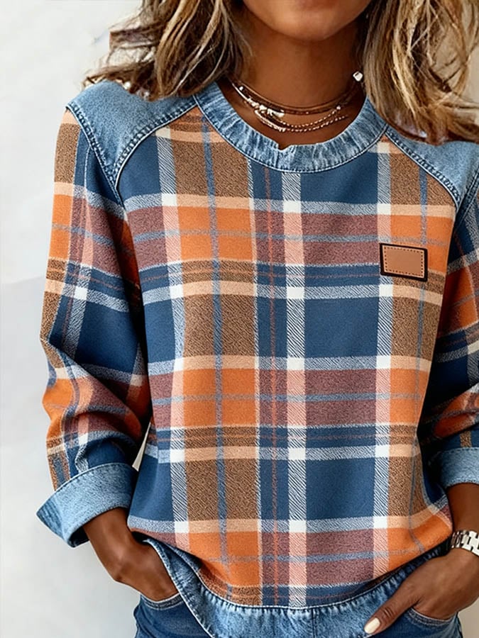 Kuscheliges Karo Sweatshirt Damen Winter Casual Denim Look