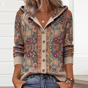 Boho Winter Hoodie Cardigan mit floralem Vintage-Print