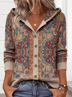 Boho Winter Hoodie Cardigan mit floralem Vintage-Print