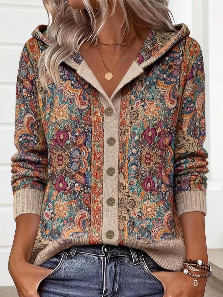 Boho Winter Hoodie Cardigan mit floralem Vintage-Print
