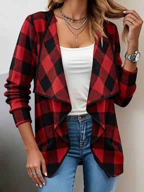 Kuscheliger Winter Cardigan rot kariert mit Wasserfall-Schnitt