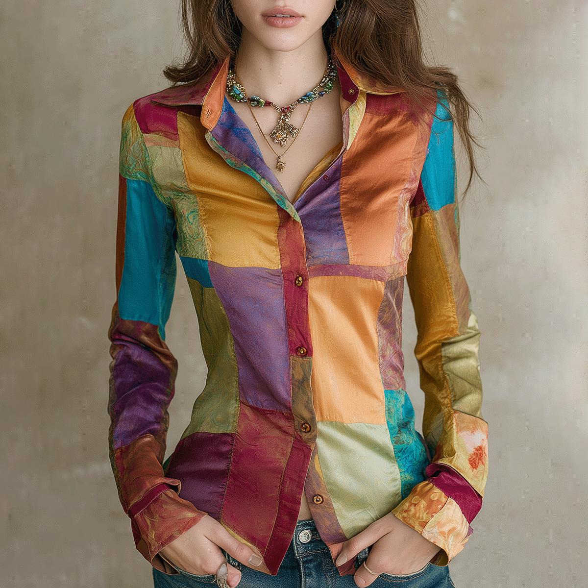 Winter Satin Bluse bunt geometrisch – elegantes Patchwork-Shirt