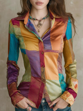 Winter Satin Bluse bunt geometrisch – elegantes Patchwork-Shirt