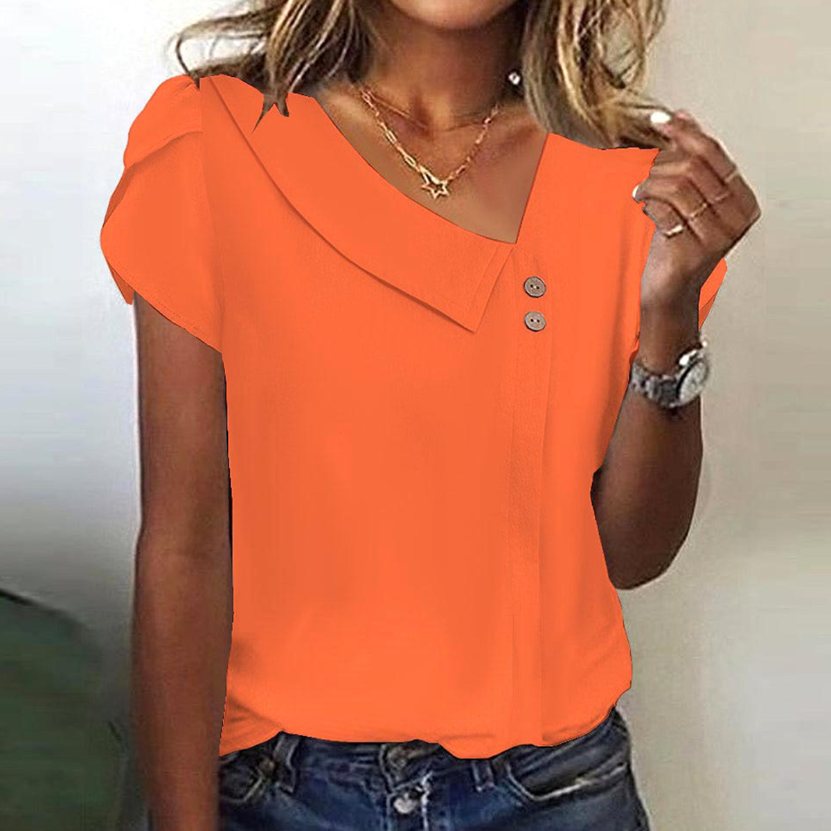 Winter-Glow Orange Surplice Top kurzarm – elegant & cozy