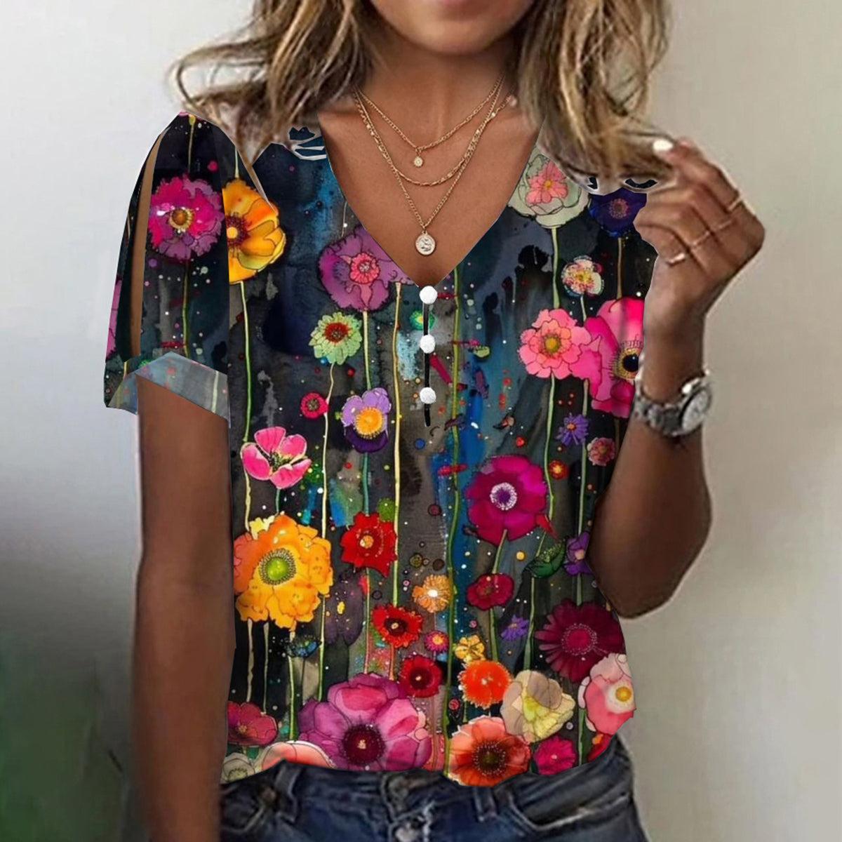 Winter-Blütenzauber Top – V-Neck, Blumenprint, Layering