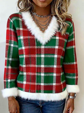 Kuscheliges Christmas Top grün kariert mit Kunstfell – Winter