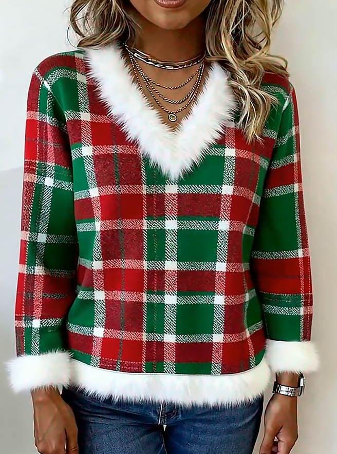 Kuscheliges Christmas Top grün kariert mit Kunstfell – Winter