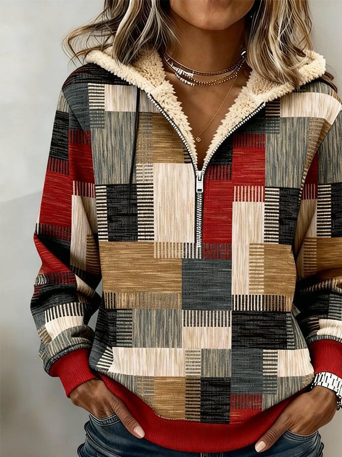 Kuscheliges Winter Patchwork Fleece Hoodie für Damen