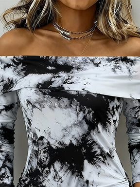 Winter Off-Shoulder Tie-Dye Shirt schwarz-weiß, weich