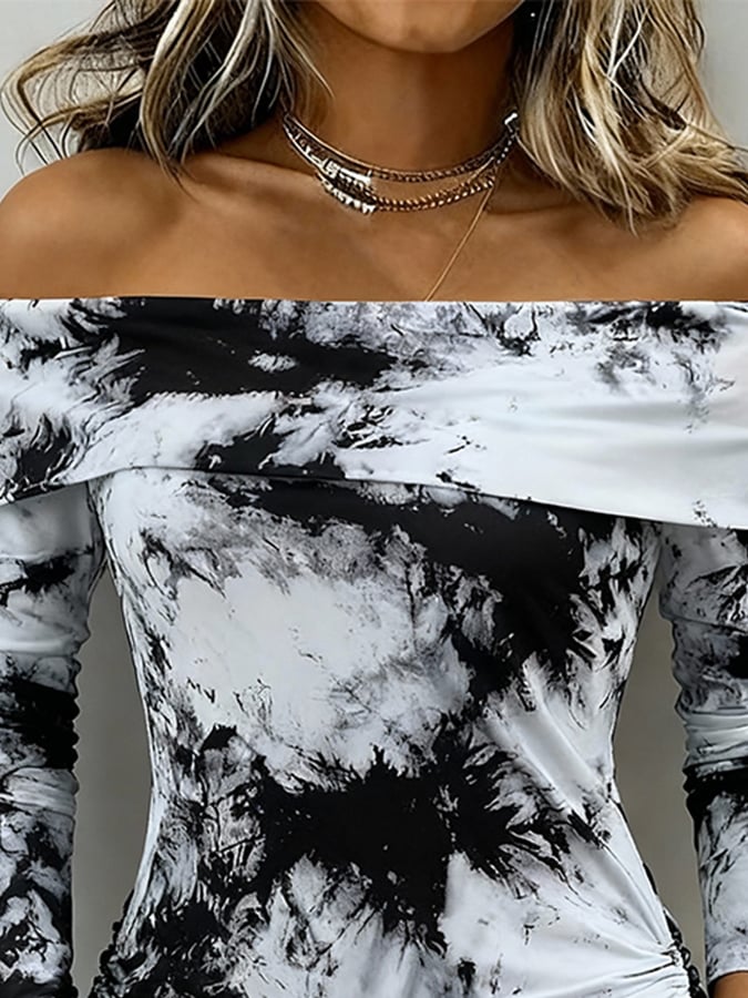 Winter Off-Shoulder Tie-Dye Shirt schwarz-weiß, weich