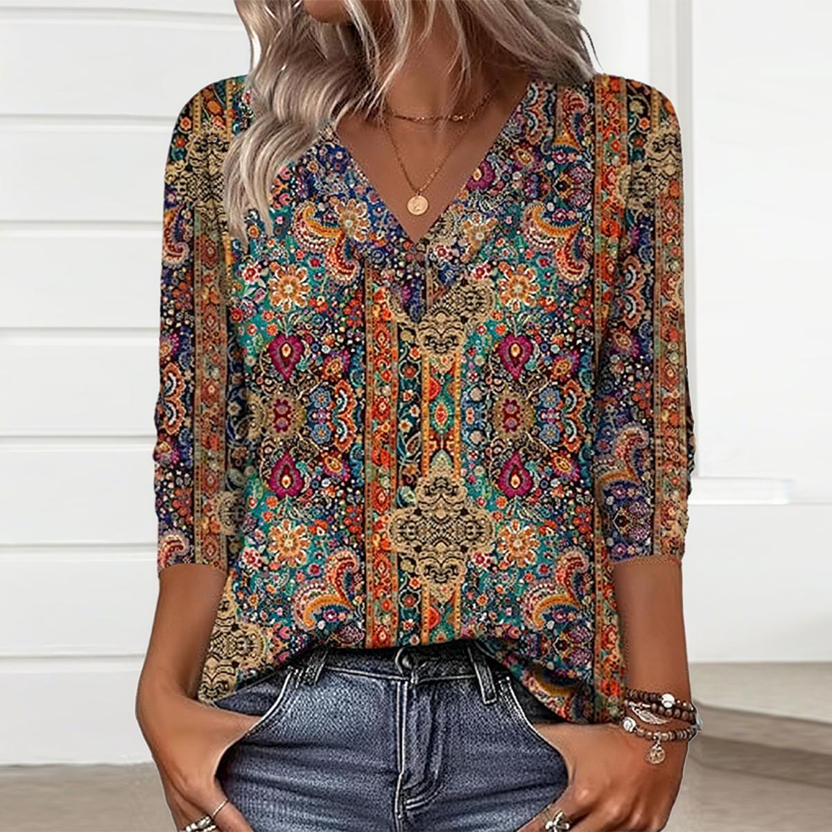 Boho V-Neck Longsleeve – warmes Ethno Shirt für den Winter