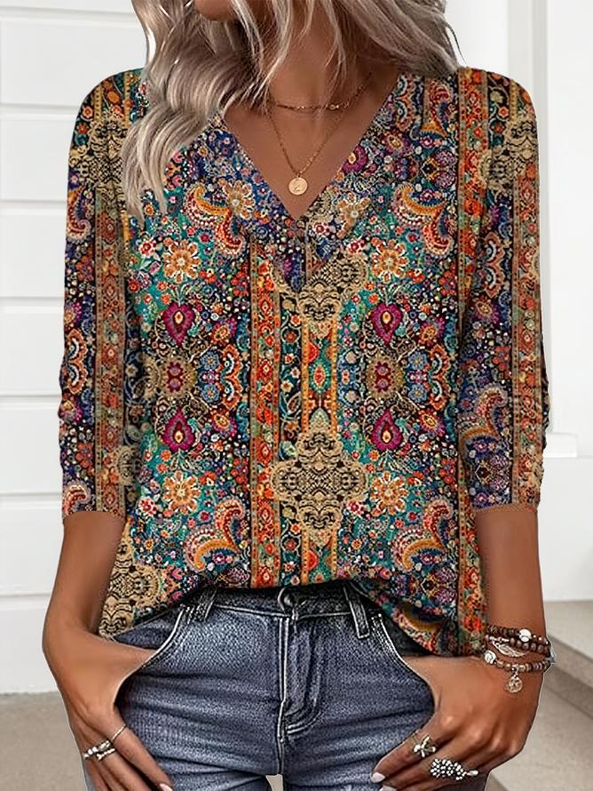 Boho V-Neck Longsleeve – warmes Ethno Shirt für den Winter