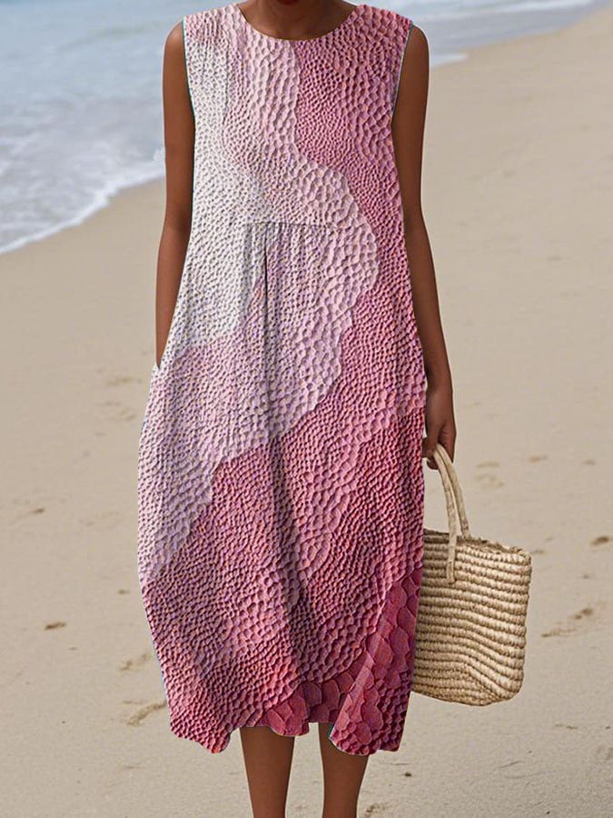 Winter Kleid Türkis Midi ärmellos Faux Leinen Meeresprint