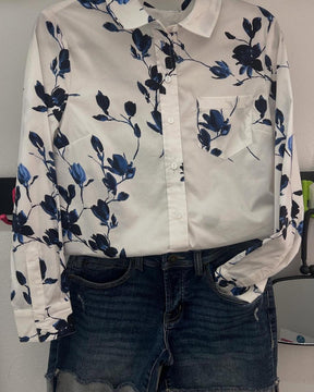 Winter Damen Hemd warmweiß mit blauem Blumenprint Langarm