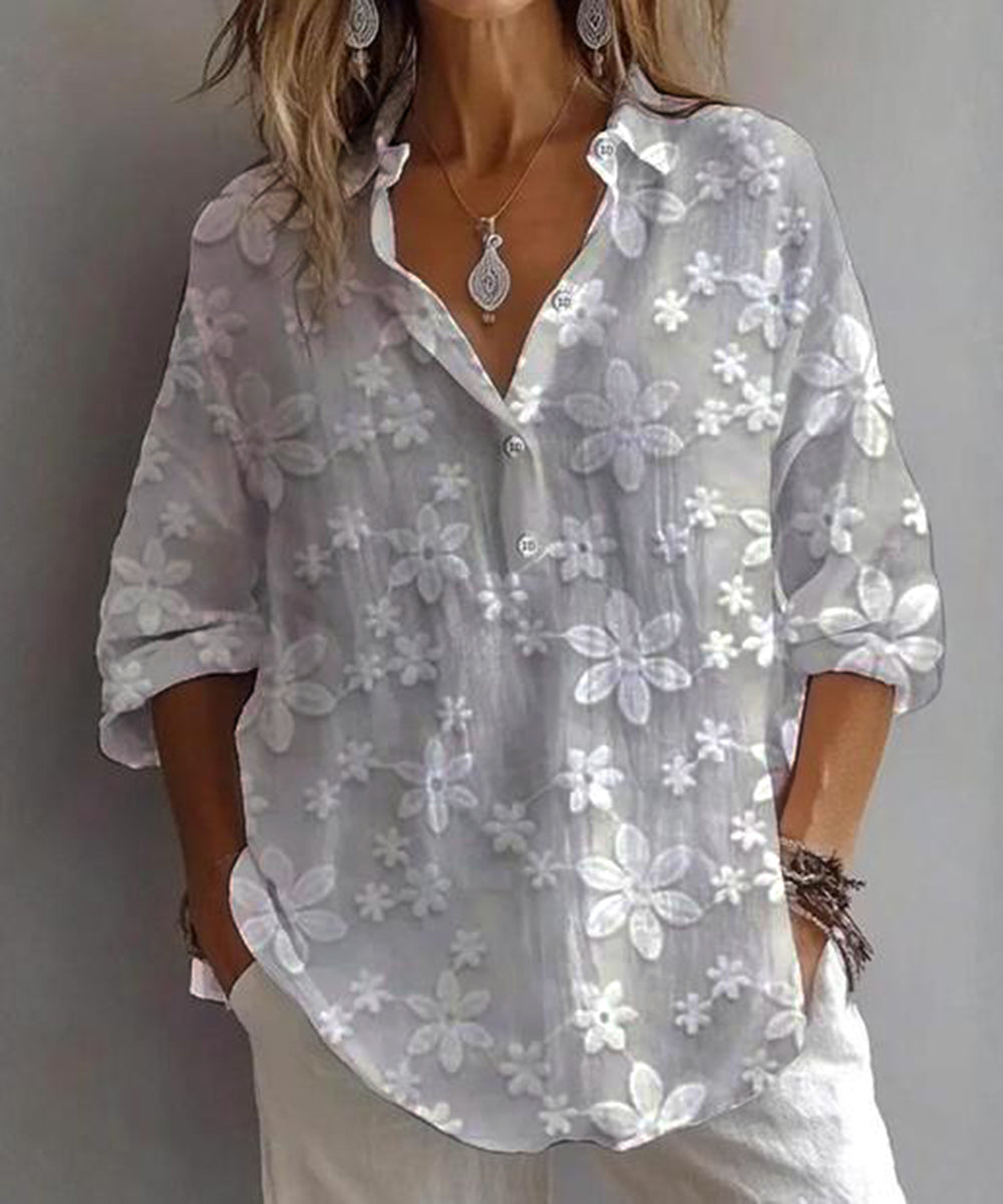 Winter V-Neck Shirt grau mit Blumenprint, weich und warm