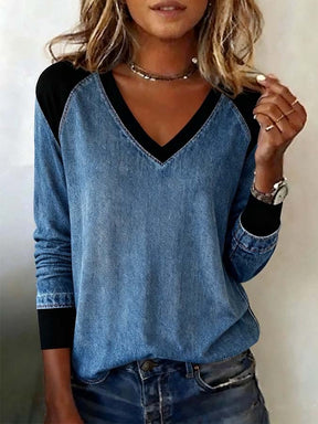 Winter Damen Kontrast-Top warmes Terylen Shirt denimblau