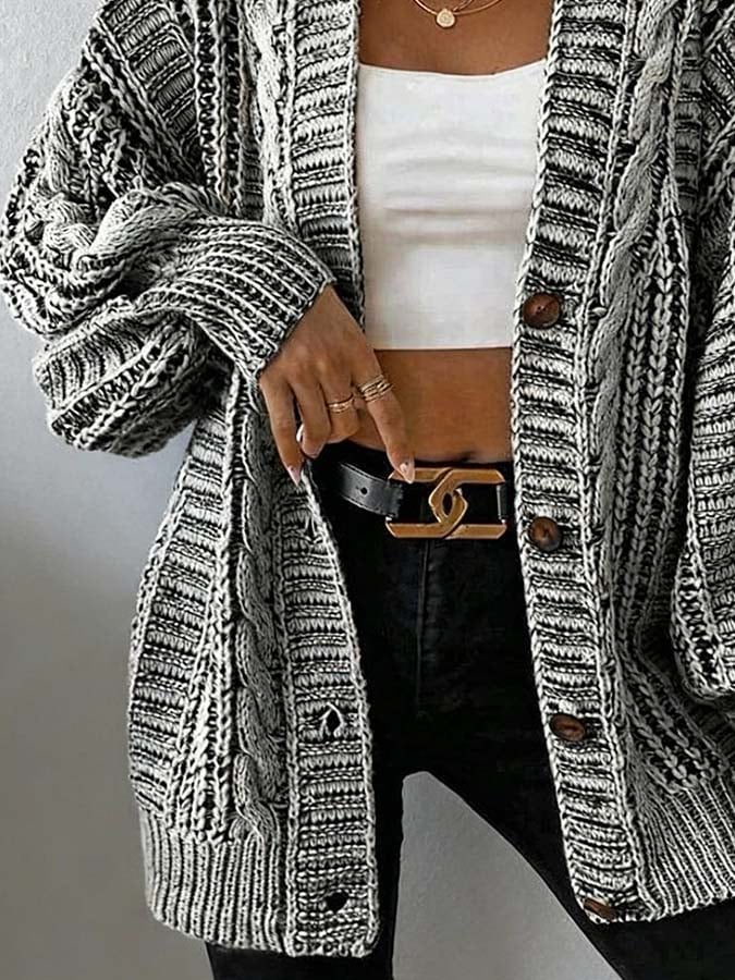 Warmer Oversize Winter Cardigan Damen mit Zopfmuster Grau