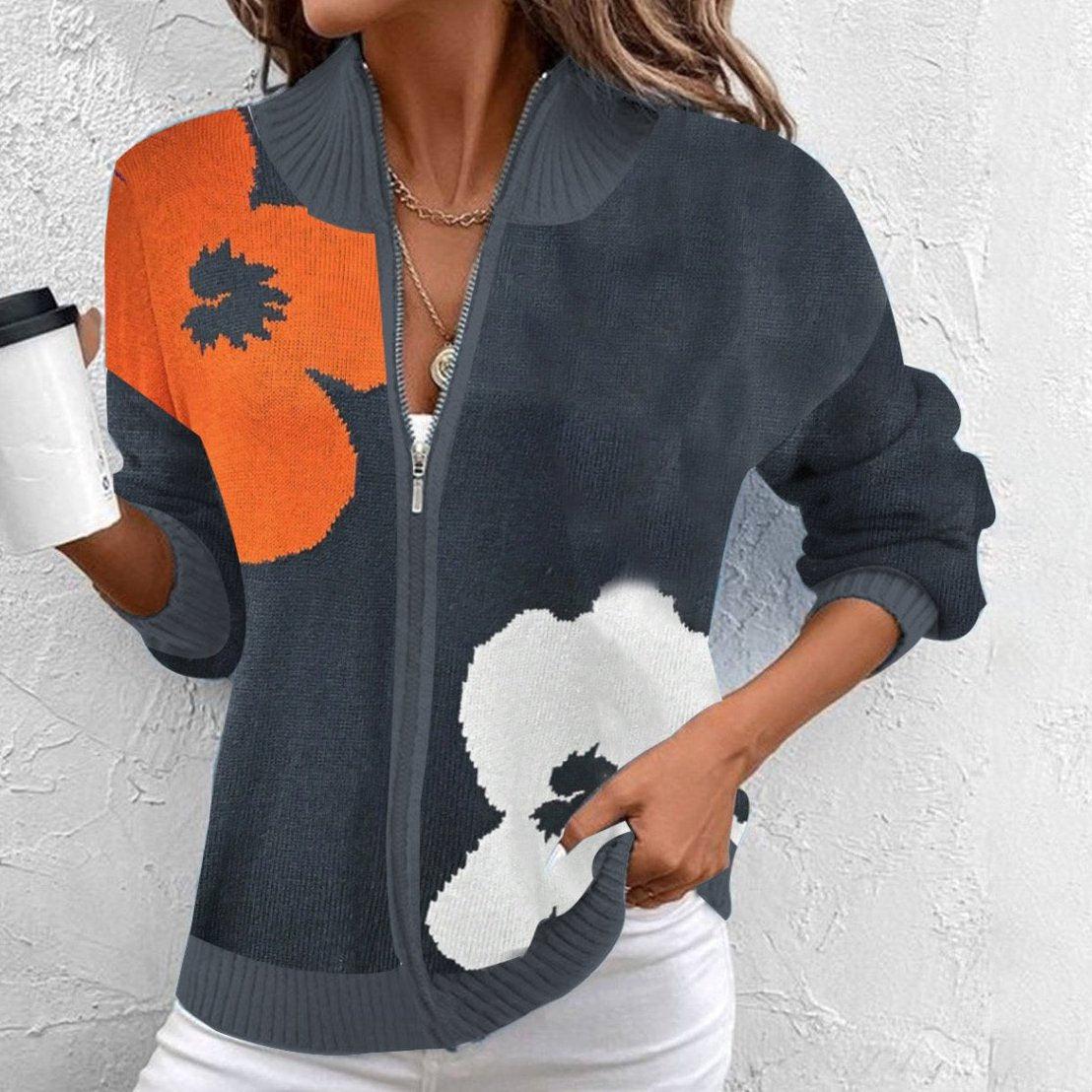 Winter-Chic: Zip V-Neck Floral Print Cardigan - Wärme, Stil & Komfort