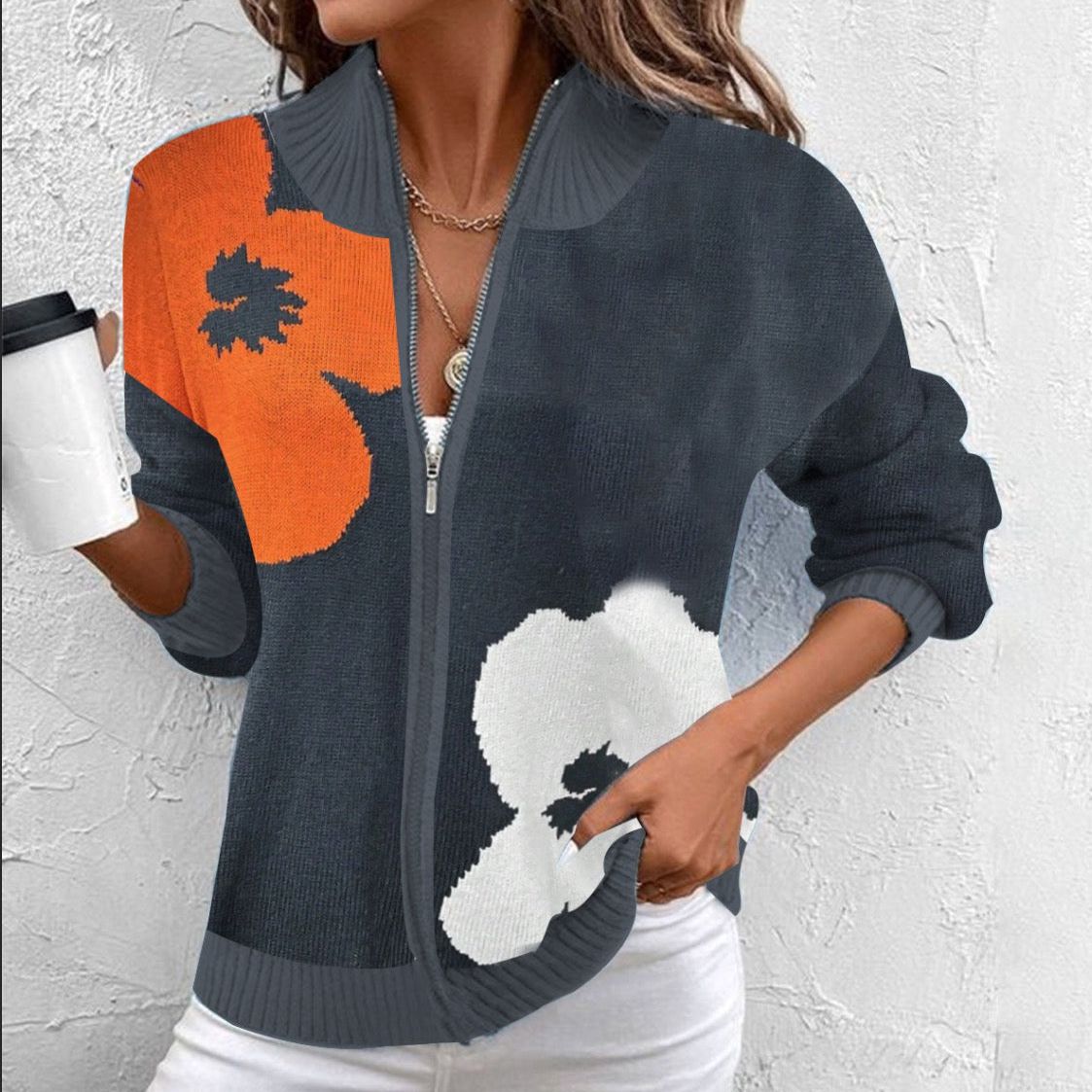 Winter-Chic: Zip V-Neck Floral Print Cardigan - Wärme, Stil & Komfort