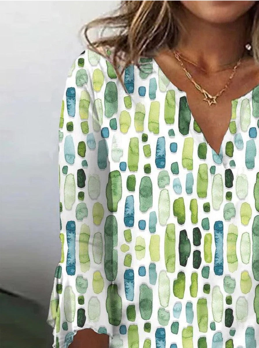 Winter Top grünblau Aquarell V-Ausschnitt 3/4 Ärmel Damen