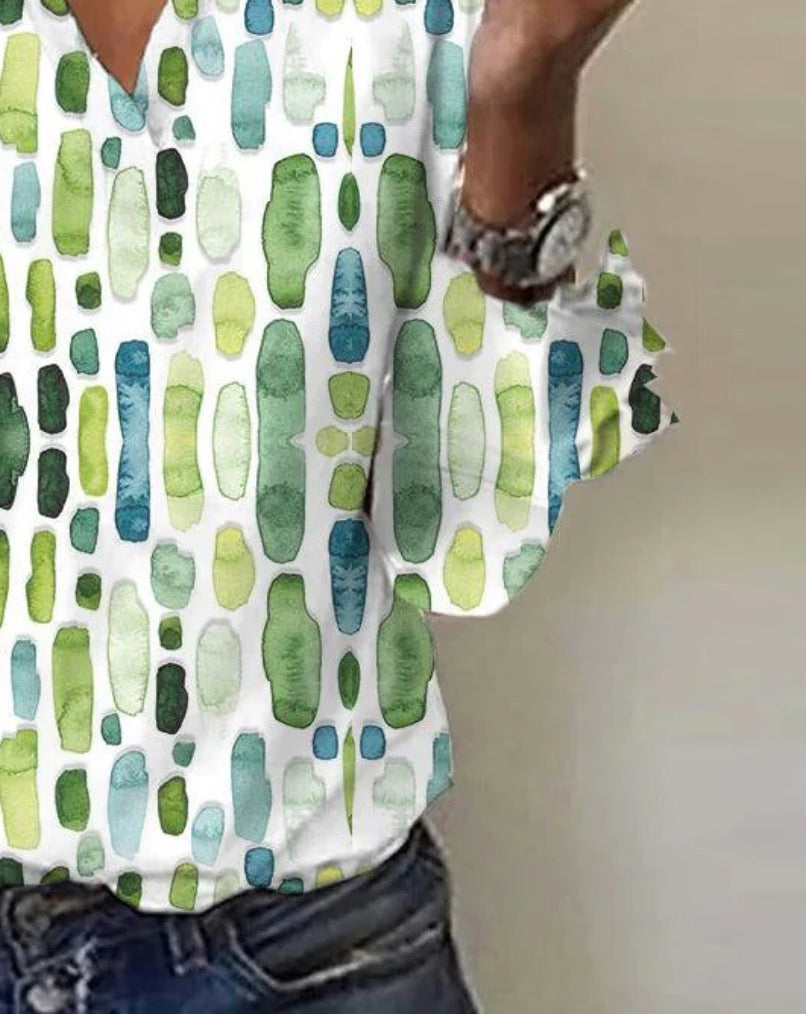 Winter Top grünblau Aquarell V-Ausschnitt 3/4 Ärmel Damen