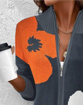 Winter-Chic: Zip V-Neck Floral Print Cardigan - Wärme, Stil & Komfort