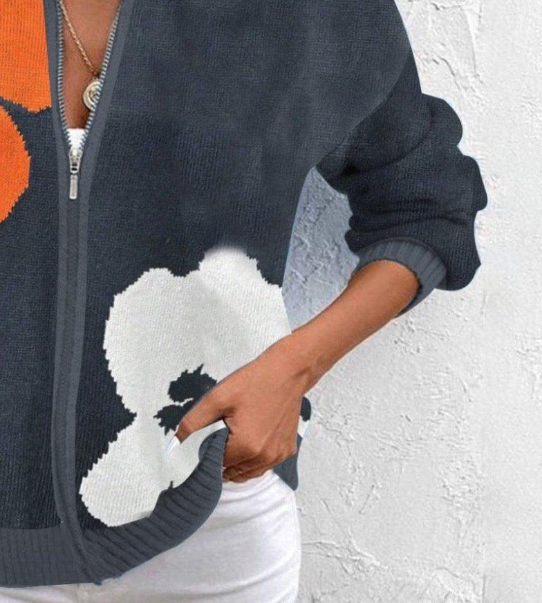 Winter-Chic: Zip V-Neck Floral Print Cardigan - Wärme, Stil & Komfort