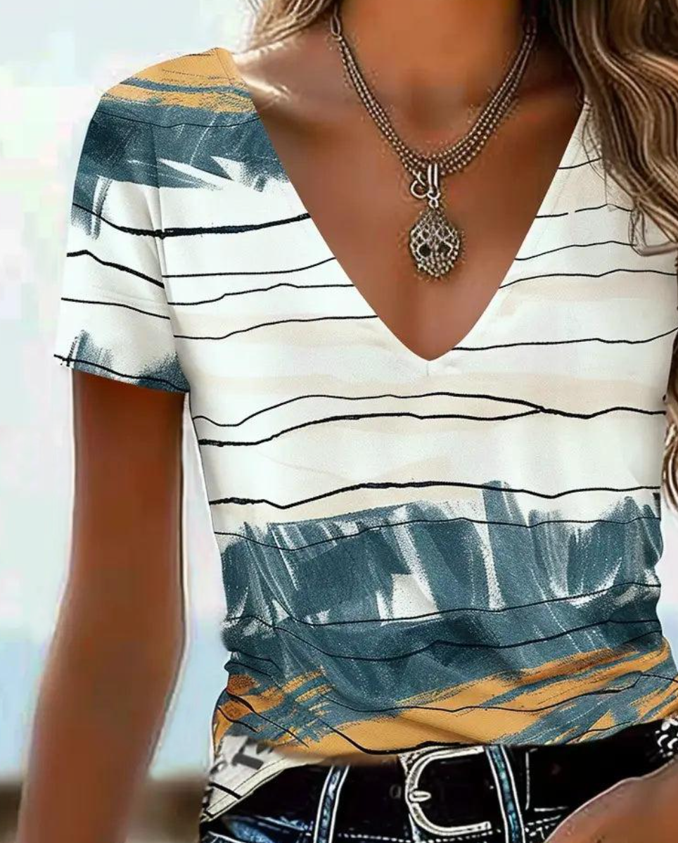 Winter V-Neck Print Top creme petrol senfgelb – Layering-Musthave