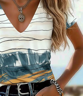 Winter V-Neck Print Top creme petrol senfgelb – Layering-Musthave