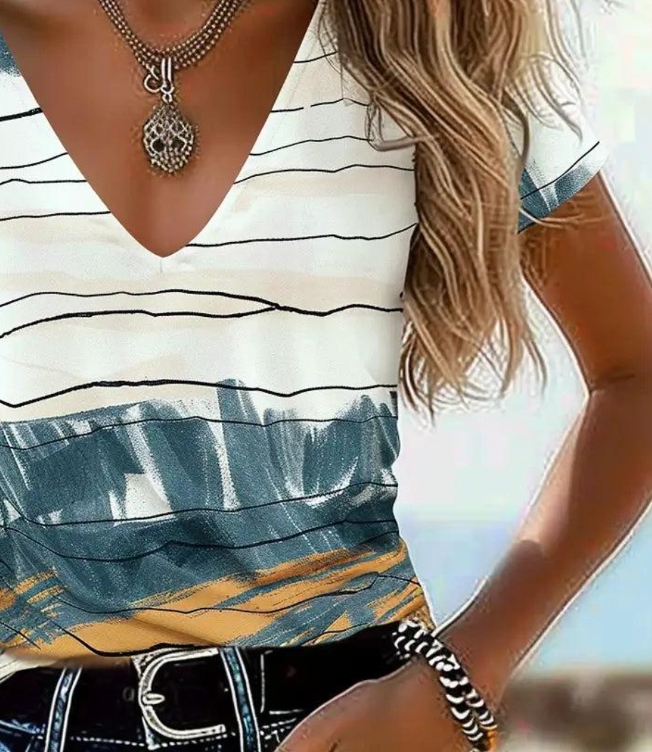 Winter V-Neck Print Top creme petrol senfgelb – Layering-Musthave