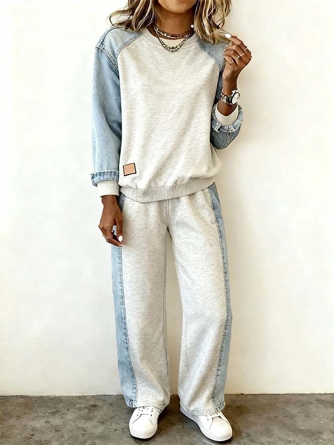 Winter Damen Denim Kontrast Anzug cosy warm Casual Outfit