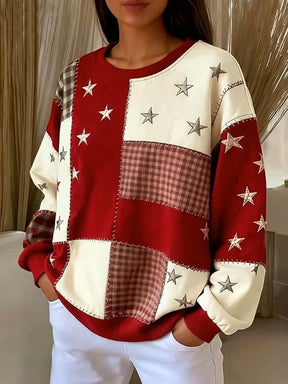 Damen Winter Patchwork Sweatshirt Sterne Karo Oversize Warm