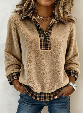 Kuscheliges Winter Teddy Sweatshirt beige kariert Damen