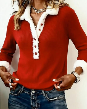Winter Damen Pullover rot mit Kunstfellkragen, elegant warm