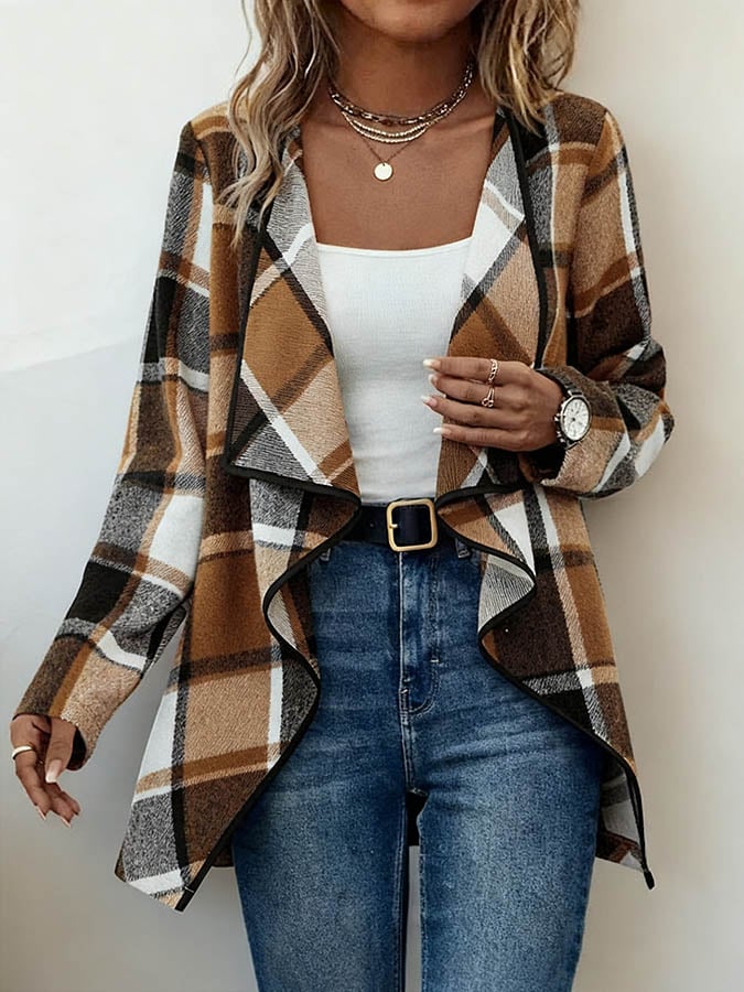 Winter Karo Cardigan Damen Wasserfalljacke Braun Schwarz