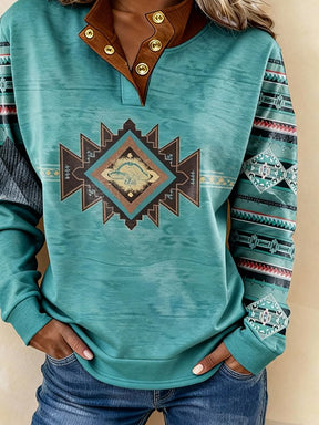 Boho Winter Sweatshirt Türkis mit Ethno Print und Stehkragen